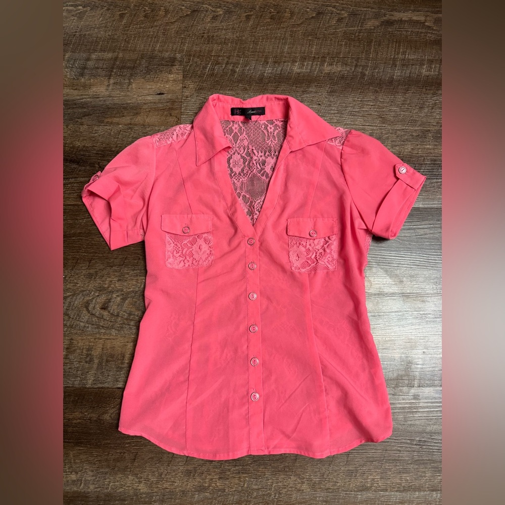 HeartSoul Coral Lace Button-Up V-Neck Blouse